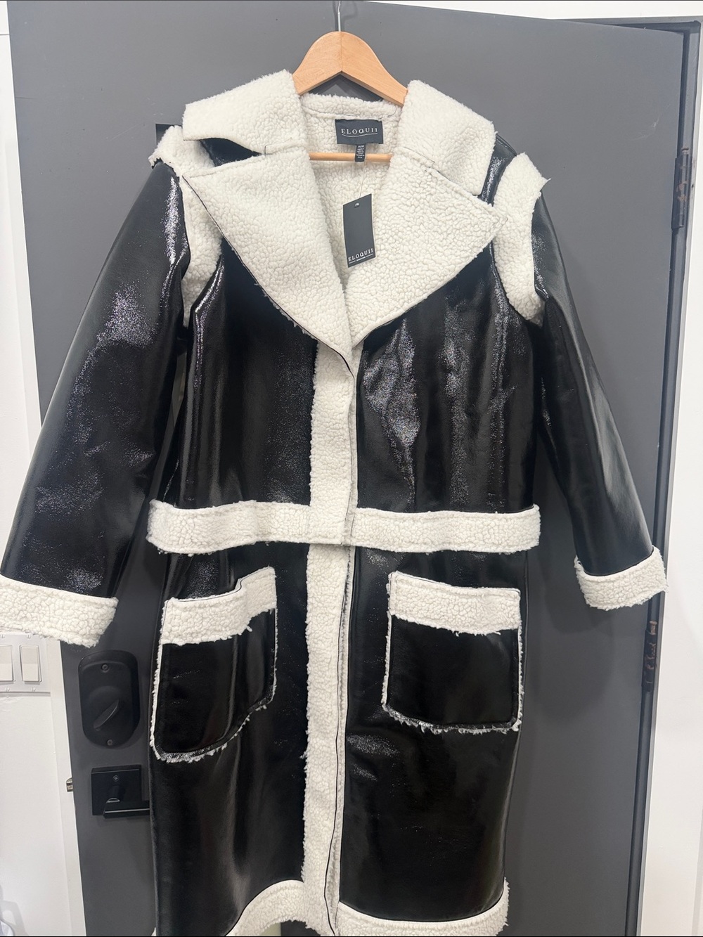 Eloquii Cream and Black Teddy Sherpa Detachable Coat
